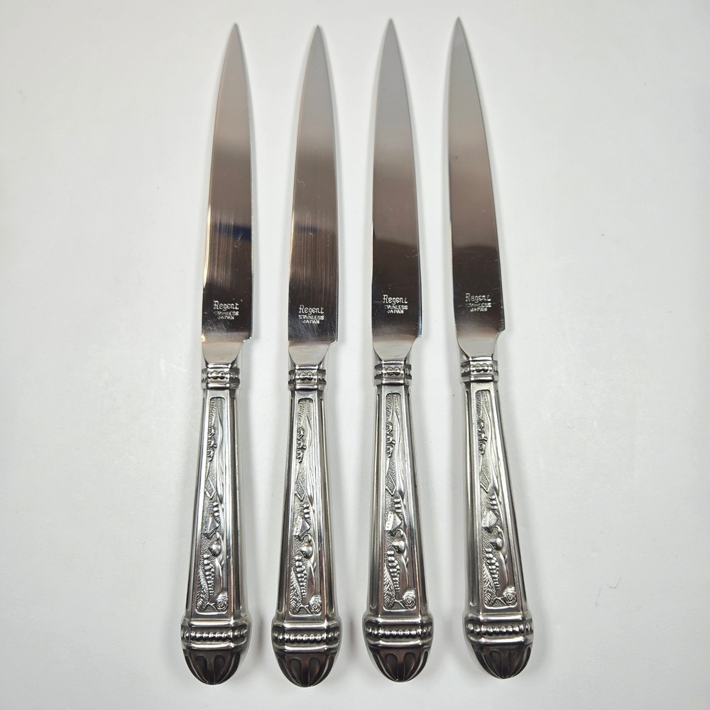 4 Vintage Regent Sheffield‎ Stainless Steak Knives Ornate Embossed Handle Japan